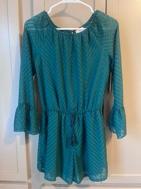 GB Girls Green Chevron Sheer Romper with Tassel Tie -Size Large -New Without Tag
